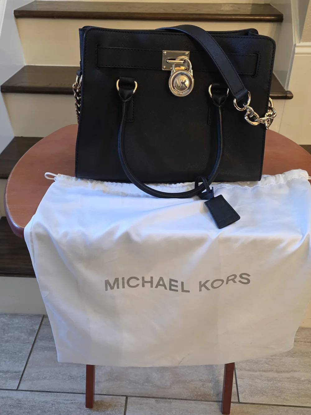 Michael Kors Black East West Hamilton Leather Satchel with Gold Hardware